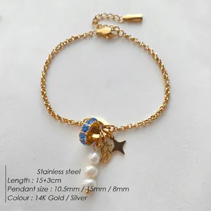 14K gold-plated stainless steel bracelet with blue rhinestone and pearl charms