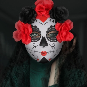 Ghost bride Day of the Dead mask with red roses and black lace veil for Halloween party