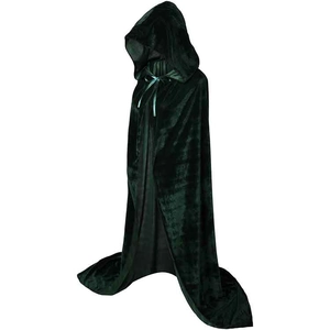 Detail of dark green velvet hooded cloak showing ribbon tie and soft fabric texture