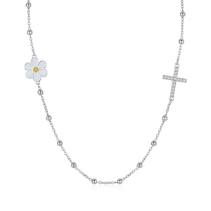 S925 sterling silver beaded choker necklace with daisy pendant and zircon cross charm