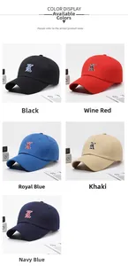 Detailed grid showing five baseball caps in black, red, blue, khaki and navy with K embroidery