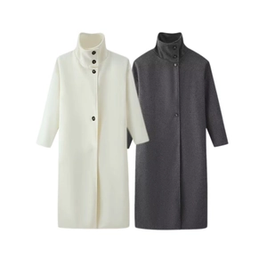 Damen Wollmantel lang in Cremeweiß und Dunkelgrau mit elegantem Kaminhals-Design