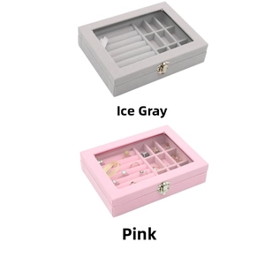 Ice Grey and Pink velvet jewelry boxes with glass lids and metal buckles for storage