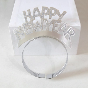 Silver glitter Happy New Year headband featuring a shiny festive foil design for parties