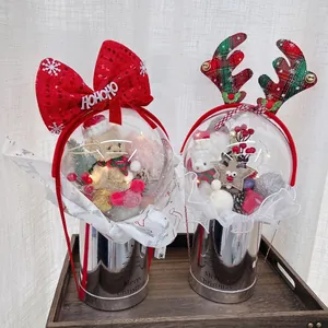 Mirror silver Christmas flower box with LED bear ornaments and festive reindeer headbands