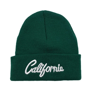 Dark green knit beanie with white California embroidery on high-quality elastic fabric