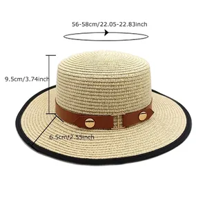 Flat top straw sun hat with leather belt and size markings for women summer beach