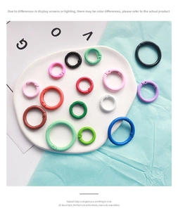 Macro view of colorful 2.5cm lacquered metal spring rings for DIY keychains and bags