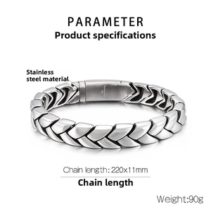 Detail view of 11mm silver stainless steel bracelet with dimensions and 316L stamp