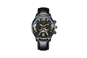 Detail of Geneva men's watch with golden hands, black leather strap and blue tachymeter