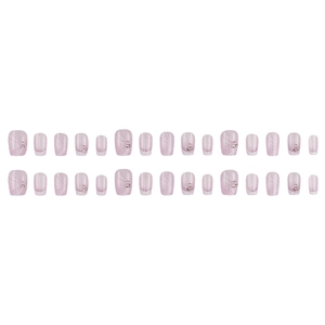 30pcs Pink French press-on nails with white waves and pearls on a clean background