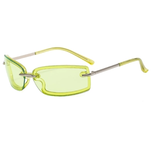 Y2K style square rimless sunglasses with fluorescent green lenses and silver metal frame