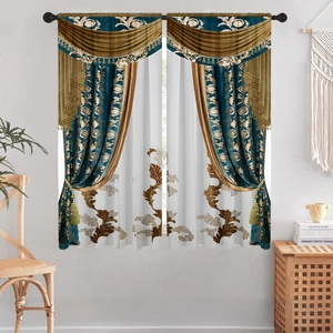 Detail of teal curtains with gold floral patterns and matching decorative valance