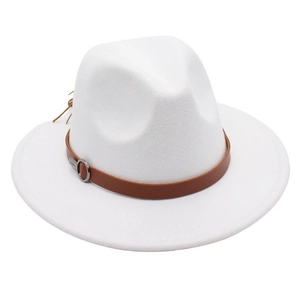 Detail view of the brown leather decorative band with a metal buckle on the white fedora hat