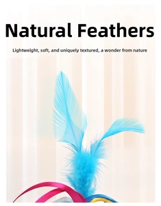 Detail of soft blue natural feathers with colorful ribbons for interactive cat toys