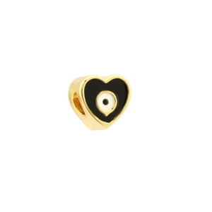 Detail view of heart-shaped 18K gold plated charm with black enamel and evil eye motif