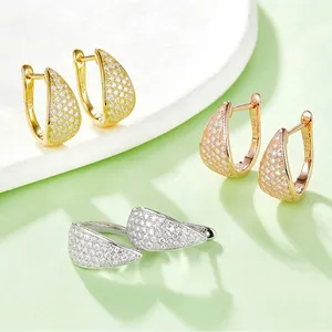 Three pairs of S925 sterling silver hoop earrings with pave moissanite in gold and rose gold