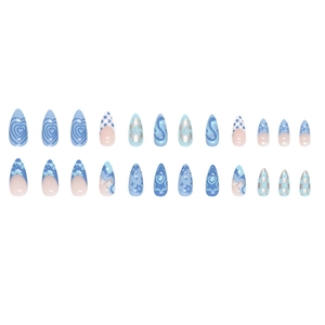 Faux ongles amande bleus avec motifs fleur, cœur et damier, ensemble de 24 pièces