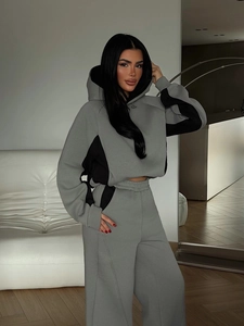 Women's grey color-block cropped hoodie and high-waist wide-leg track pants set