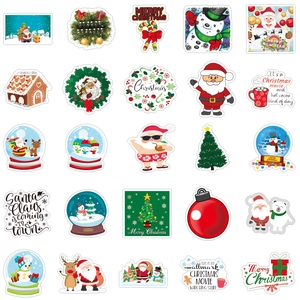 Detail of Christmas stickers showing Santa Claus, snowman, and gingerbread house patterns