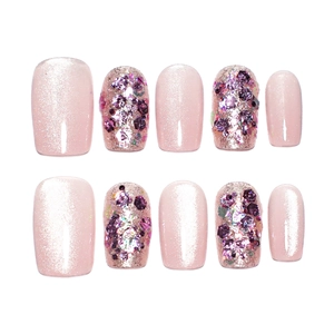 Pink cat eye press-on nails with silver glitter sequins and square oval shape