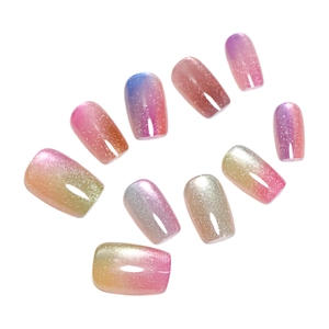 Rainbow cat eye press-on nails with colorful gradient glitter in medium square shape