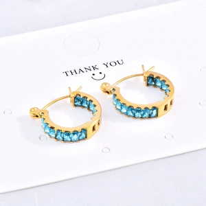 French style 18K gold plated stainless steel hoops with emerald cut blue zircon stones