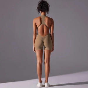 Detail of the back scrunch seam on khaki high-stretch seamless yoga romper for women