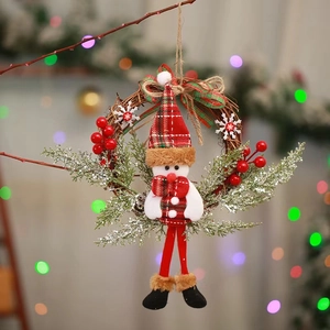 Detail of Christmas snowman wreath with red plaid fabric, berries and pine on vine base