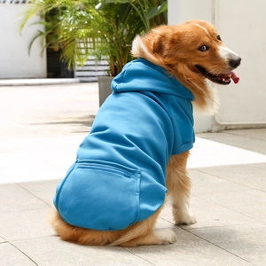 Blue pet hoodie with zipper pocket detail on back for medium and large dogs