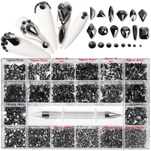 Detailed view of 21-grid nail art rhinestone set with black flatback crystals and dotting pen