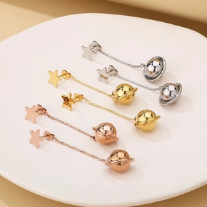 Elegant planet and star tassel dangle earrings in silver, gold and rose gold finishes