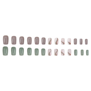 Set of 24 short square press-on nails in morandi green and wavy glitter patterns