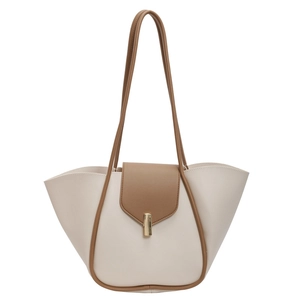 Elegante borsa tote bicolore a ventaglio crema e marrone con fibbia in metallo dorato