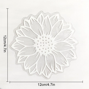 Detail shot of a 12cm white sunflower suncatcher window sticker with scale measurements