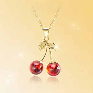 925 Sterling Silver Cherry Pendant Necklace Red Agate Fruit Sweet Style Jewelry For Women
