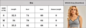 Size chart showing seamless high-elasticity sports bra measurements and fit on model