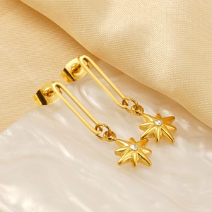 Elegant 18K gold plated eight-point star drop earrings with white zircon on satin