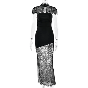 Elegant black lace patchwork maxi dress with high neck shawl and bodycon fishtail silhouette