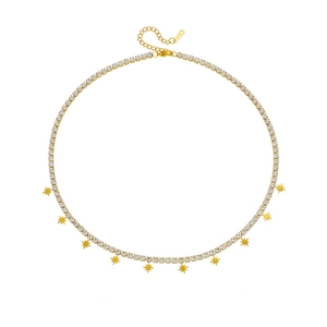 Golden titanium steel necklace featuring crystal pavé chain and star charms on white background