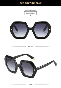 Front and side view of oversized hexagonal sunglasses with grey gradient lenses