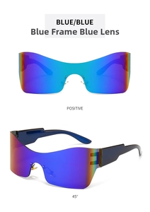Blue frame and blue lens wrap-around Y2K sunglasses shown in front and 45-degree views