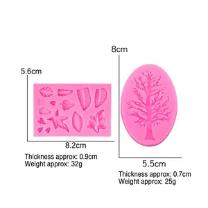 Pink silicone tree leaf fondant mold set for DIY cake decoration and resin clay art