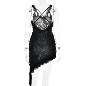 Detail of black mesh V-neck dress with ruffle edges and crisscross back straps