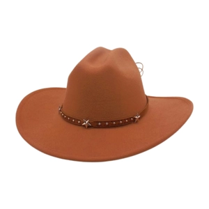 Detail of ginger yellow felt cowboy hat featuring leather band with silver star studs