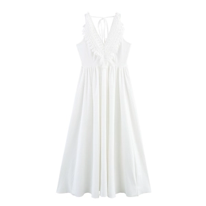 Women White Maxi Dress Lace Crochet V-Neck Backless Halter Bohemian Summer Vacation Casual Sleeveless Solid Polyester