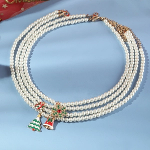 Chic pearl Christmas necklace set with festive tree, bell, snowflake and gift pendants