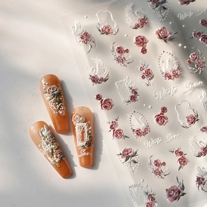 3D embossed white swan and rose nail art stickers with elegant gold foil details