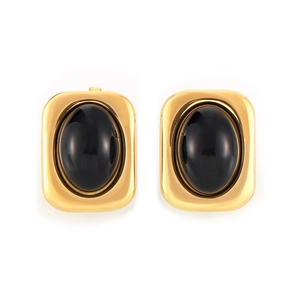 British style gold plated titanium earrings with black glass inlay in rectangular shape