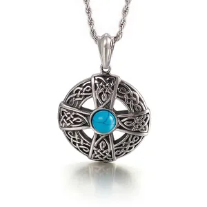 Vintage Celtic Knot Cross Pendant Necklace Stainless Steel Retro Punk Hip Hop Men Jewelry Turquoise Inlay Nordic Style
